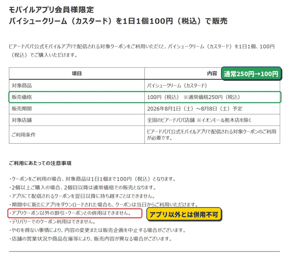 ビアードパパ公式サイトの2026年8月の100円クーポン企画の注意事項。アプリクーポン以外の割引・クーポンとは併用できないと記載