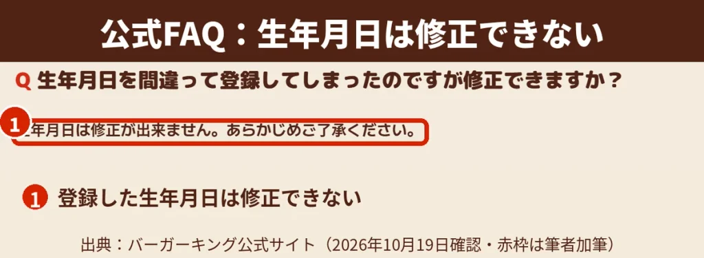 バーガーキング公式FAQ 登録した生年月日は修正できない