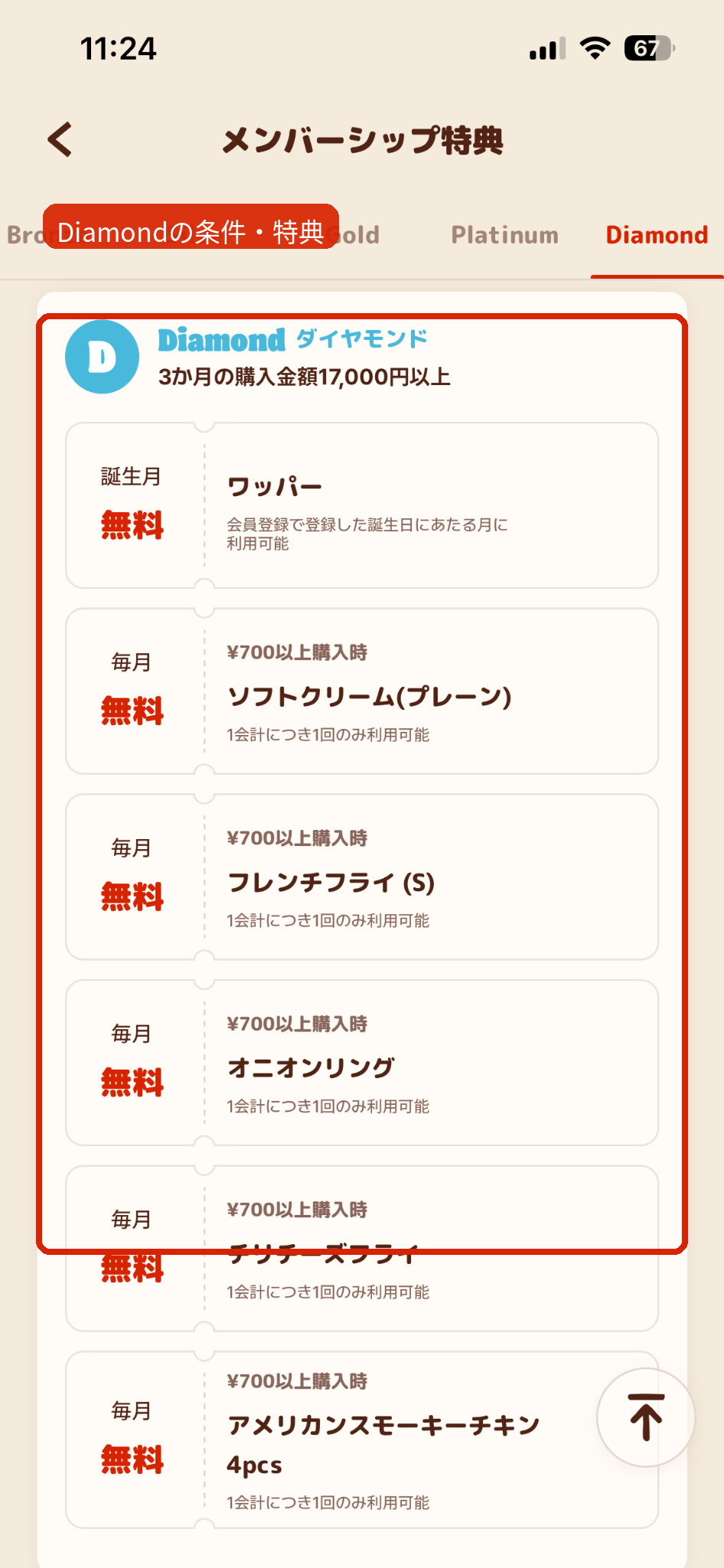 バーガーキングDiamond会員の条件とクーポン特典