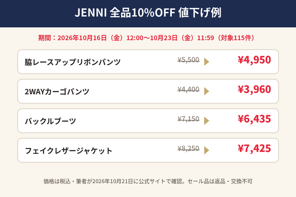 クロスプラスオンラインストアのJENNI全品10%OFFタイムセールの値下げ価格例(2026年10月16日〜23日)