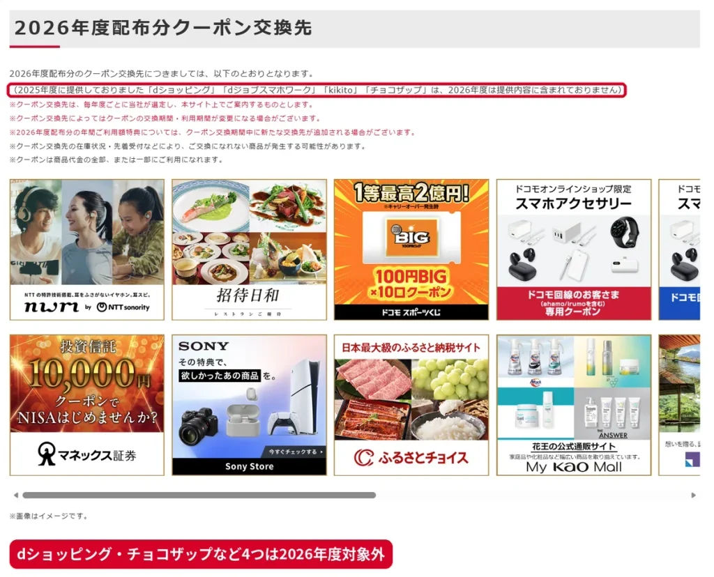 2026年度配布分クーポン交換先一覧でdショッピング・チョコザップなどが対象外と案内された画面