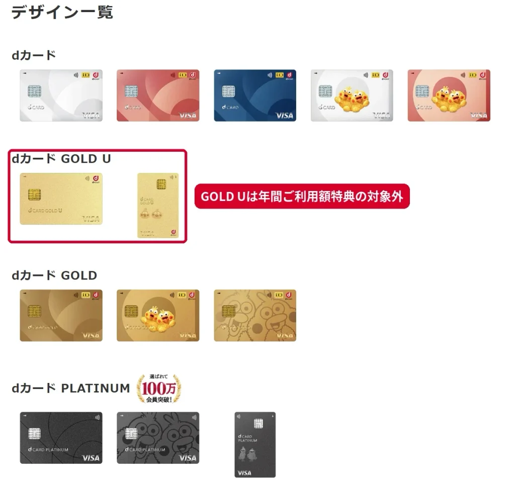 dカードのデザイン一覧でdカード GOLD Uが年間ご利用額特典の対象外であることを示した画像