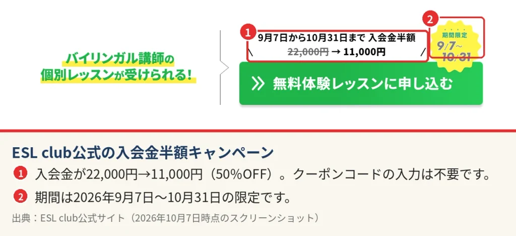 ESL club公式サイトの入会金半額キャンペーン。2026年10月31日まで入会金22,000円が11,000円になる