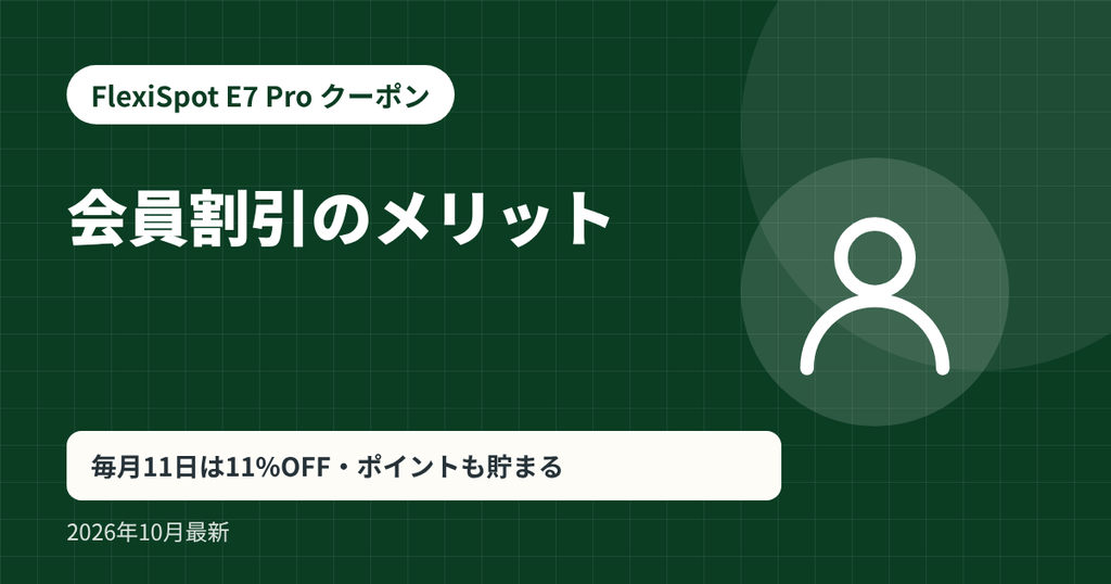 FlexiSpot E7 Pro クーポン記事の見出し画像：会員割引のメリット。毎月11日は11%OFF・ポイントも貯まる