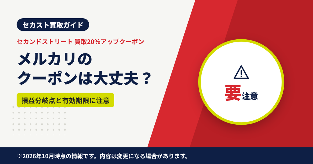メルカリで売られているセカンドストリートの買取20%アップクーポンの注意点を解説する見出しのアイキャッチ