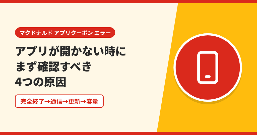 マクドナルドのアプリが開かないときに確認する4つの原因を表したアイキャッチ画像