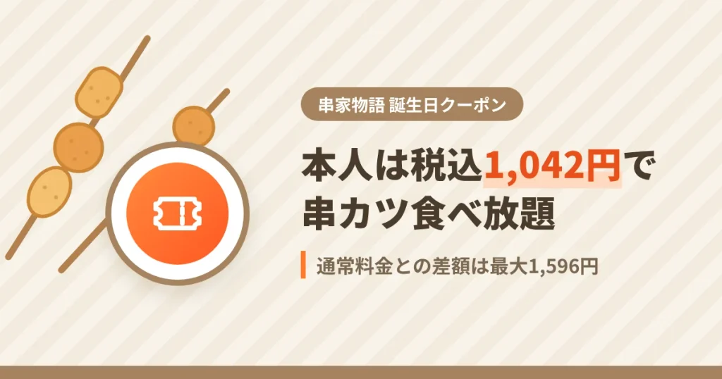 串家物語の誕生日クーポンとは何かを解説するアイキャッチ。本人は税込1,042円で食べ放題