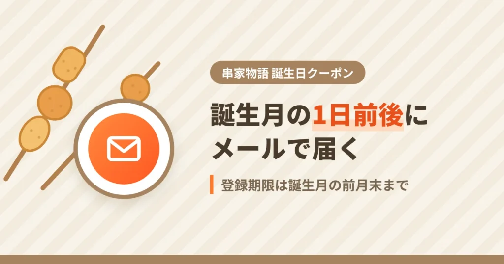 串家物語の誕生日クーポンがいつ届くかを解説するアイキャッチ。誕生月の1日前後に届く
