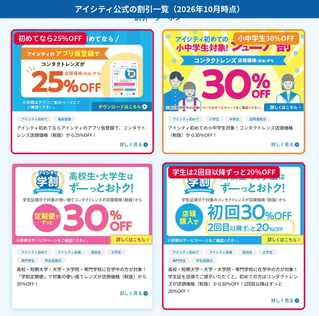 アイシティ公式のクーポン一覧。アプリ仮登録25%OFF、ジュニア割30%OFF、学割は2回目以降ずっと20%OFF