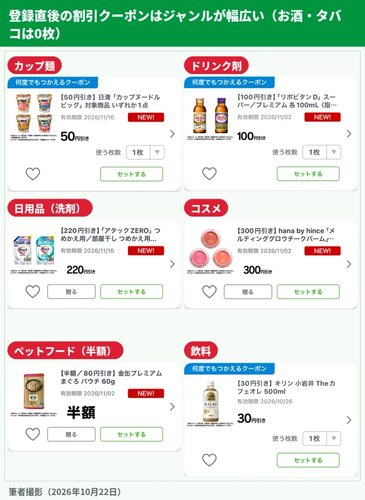ファミペイ登録直後に届いたカップ麺・ドリンク剤・日用品・コスメなどの割引クーポン