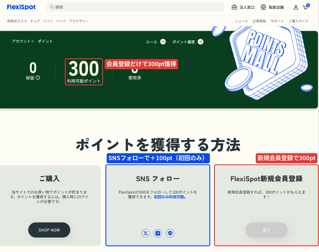 FlexiSpotのマイポイント画面。新規会員登録で300ポイント、SNSフォローで100ポイント、購入でもポイントが貯まる