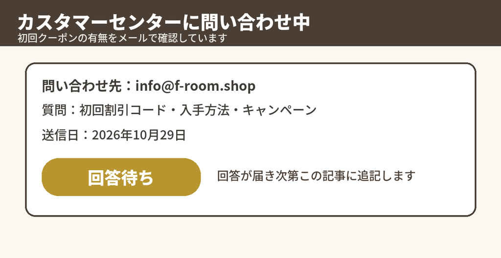 F.roomカスタマーセンターへ初回クーポンについてメールで問い合わせ中であることを示す画像
