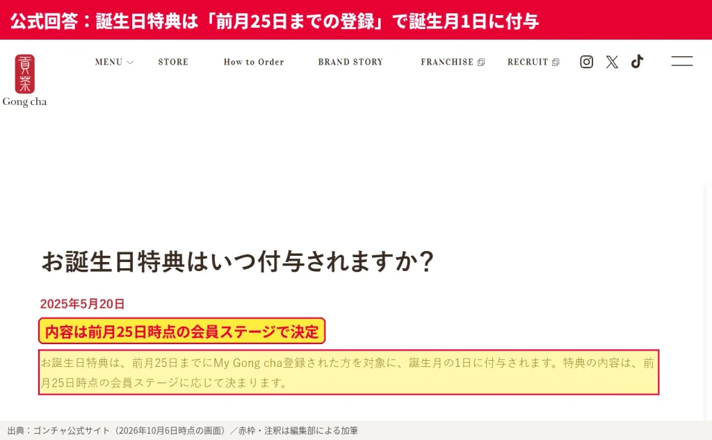 ゴンチャ公式FAQ「お誕生日特典はいつ付与されますか?」の回答画面。前月25日までにMy Gong cha登録した人に誕生月1日に付与され、内容は前月25日時点の会員ステージで決まると記載