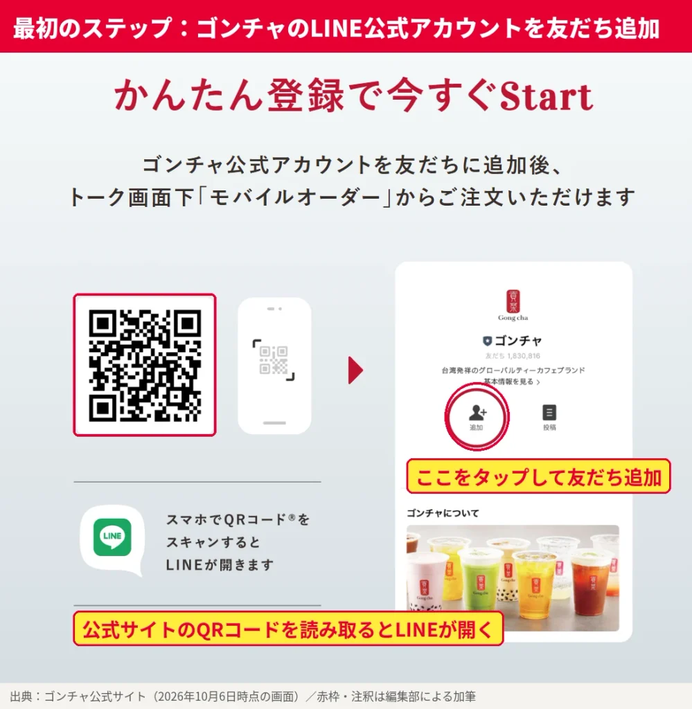 ゴンチャLINE公式アカウントの友だち追加画面。公式サイトのQRコードをスマホで読み取りLINEを開いて追加ボタンをタップする