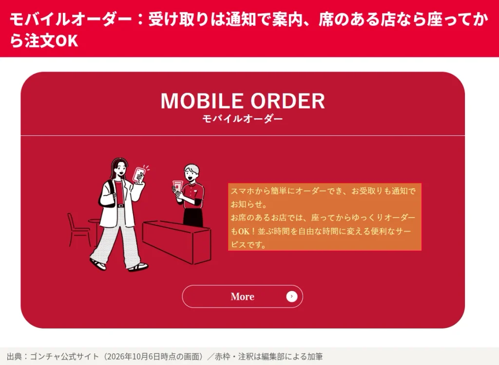 ゴンチャ公式サイトのモバイルオーダー案内。スマホから簡単に注文でき、受け取りは通知で知らせ、席のある店舗では座ってから注文できる