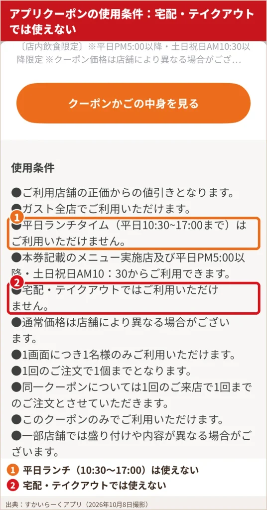 すかいらーくアプリのクーポン使用条件。宅配・テイクアウトでは利用できないことと平日ランチタイムは利用できないことを囲んでいる