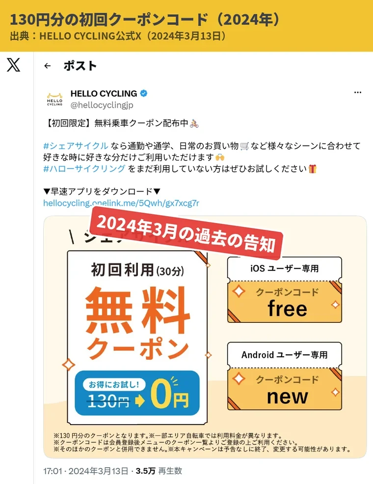 HELLO CYCLING公式Xの初回限定無料乗車クーポン告知。130円分のクーポンコードはiOSがfree、Androidがnew