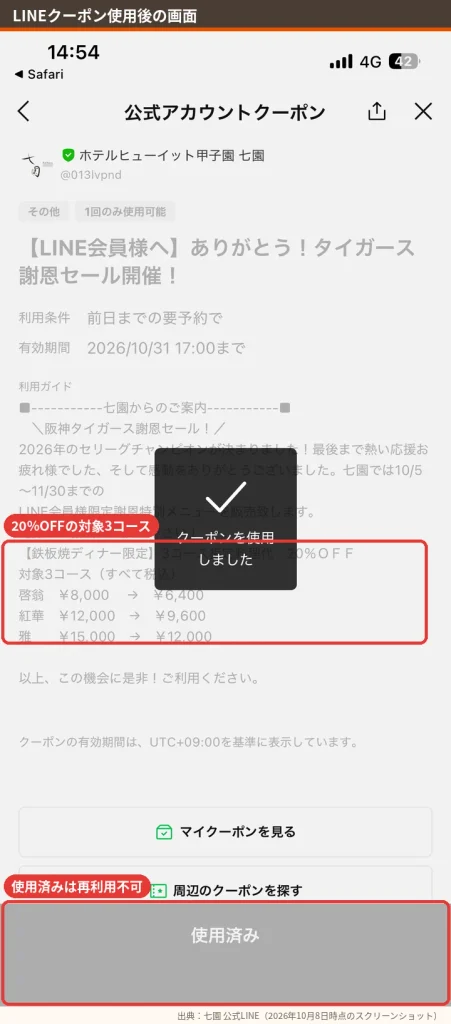LINEクーポンを使用済みにした後の画面