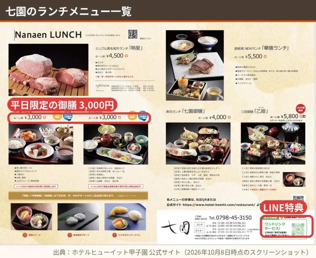 七園のランチメニュー(明星4,500円・和御膳/中華御膳3,000円・乙姫5,800円)