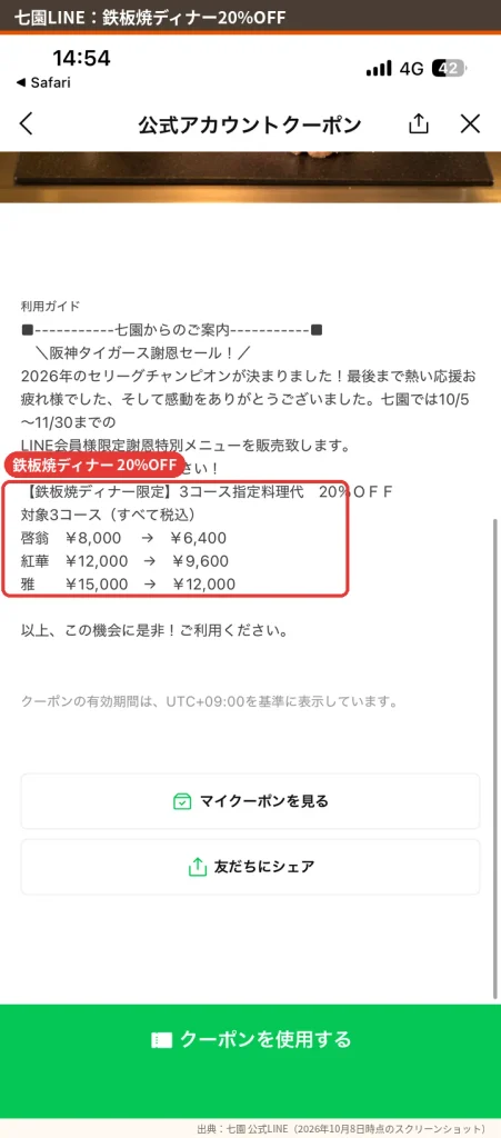 七園タイガース謝恩セールの内容(鉄板焼ディナー20%OFF)