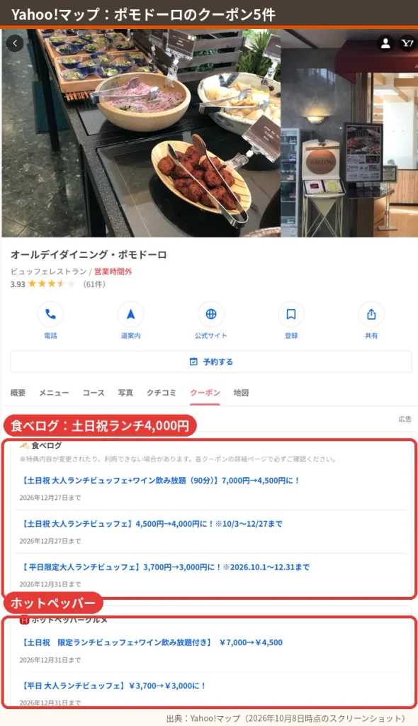Yahoo!マップに掲載されたポモドーロの食べログ・ホットペッパークーポン