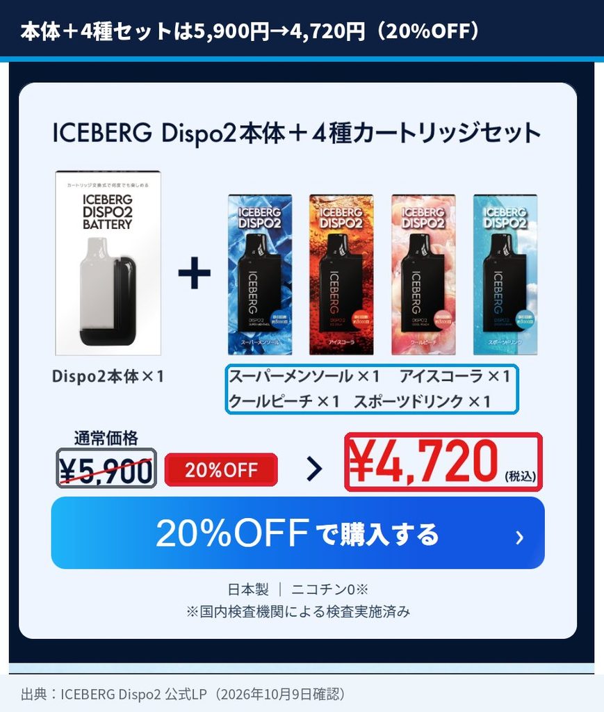 ICEBERG Dispo2本体と4種カートリッジ（スーパーメンソール・アイスコーラ・クールピーチ・スポーツドリンク）セットが通常5,900円から20%OFFの4,720円