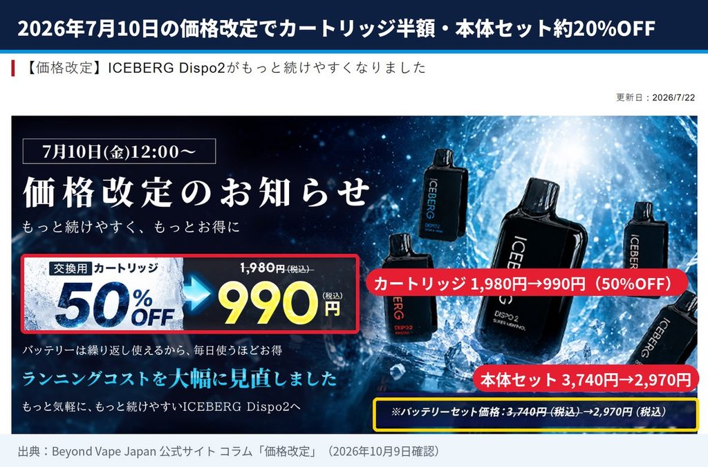 ICEBERG Dispo2の価格改定のお知らせ。交換用カートリッジが1,980円から990円に50%OFF、バッテリーセットが3,740円から2,970円に値下げ