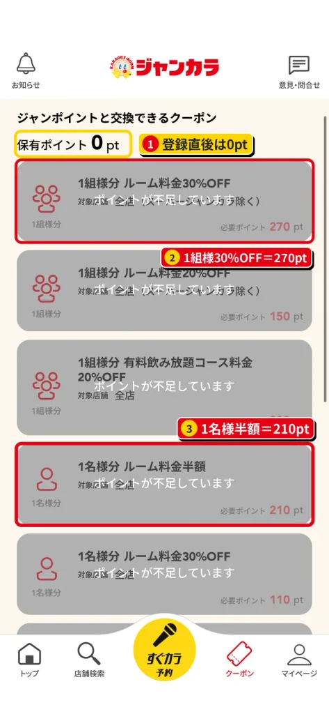 ジャンカラのポイント交換クーポン一覧。1名様分ルーム料金半額は210pt、1組様分30%OFFは270pt