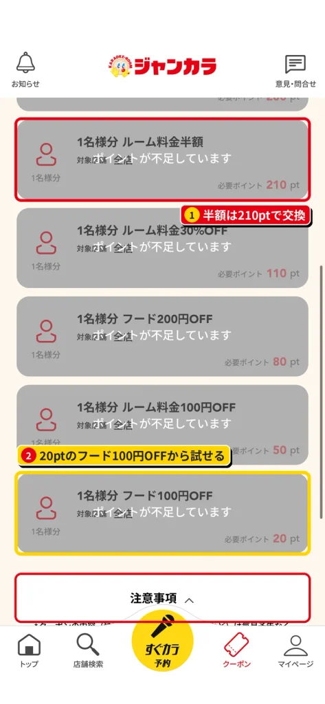 ジャンカラのポイント交換クーポン一覧の続き。フード100円OFFは20ptから交換できる