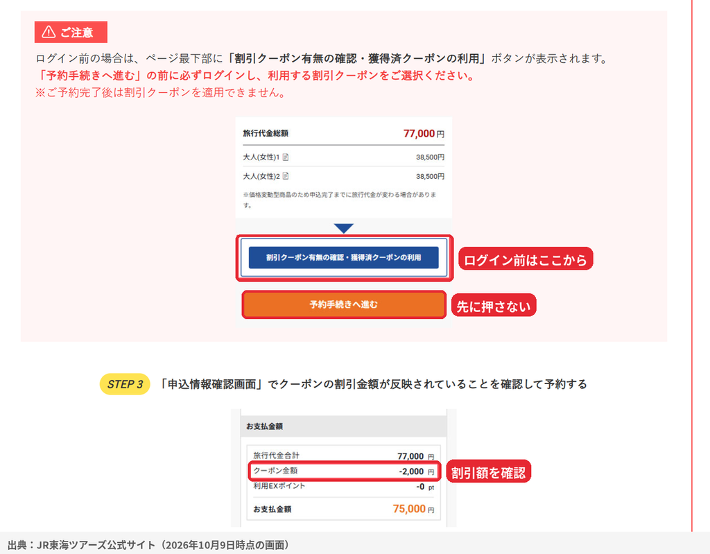 JR東海ツアーズでクーポンの割引が反映されているか申込情報確認画面で確認する手順。旅行代金77,000円から2,000円割引で75,000円