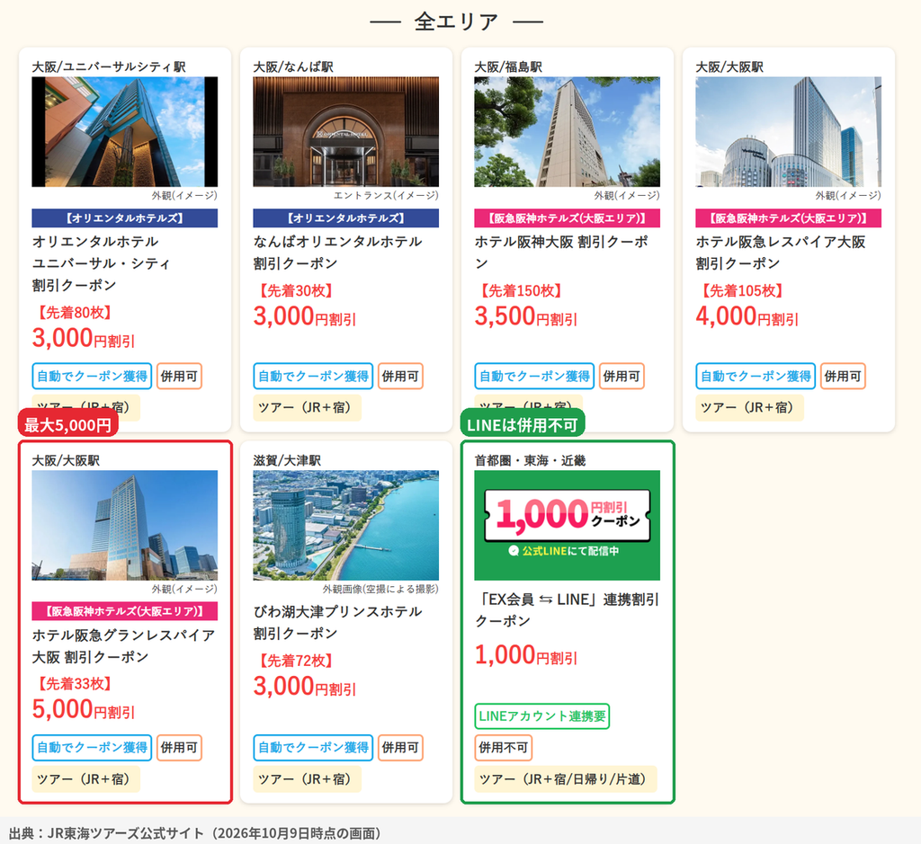 JR東海ツアーズで配布中の割引クーポン全エリア一覧。大阪・滋賀の6ホテルとLINE連携1,000円クーポン
