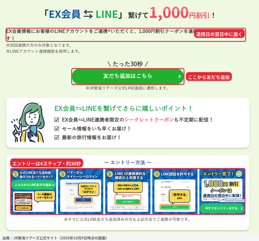 JR東海ツアーズ公式LINEとEX会員IDを連携して1,000円割引クーポンを受け取るエントリー方法の4ステップ