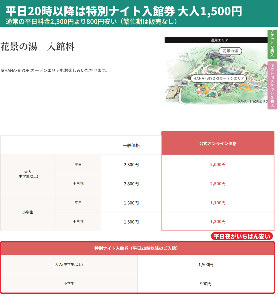花景の湯の特別ナイト入館券料金｜平日20時以降の入館で大人1,500円、小学生900円
