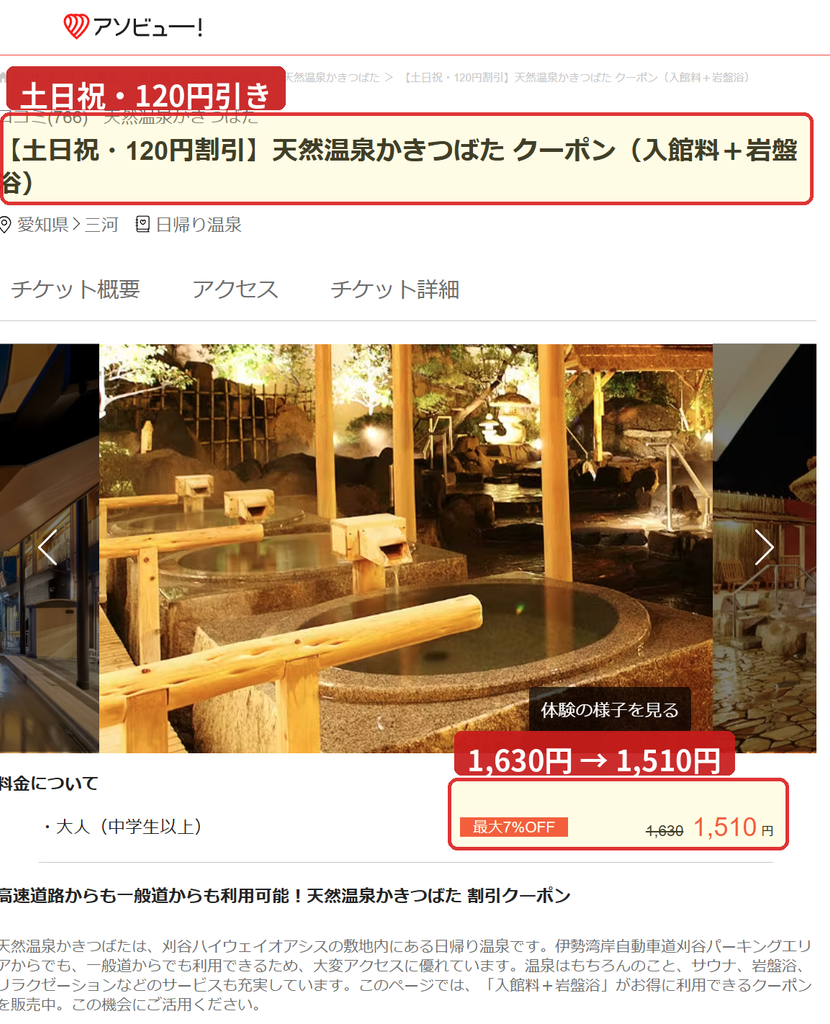 アソビューの天然温泉かきつばたクーポン画面。土日祝の入館料と岩盤浴セットが120円引きで1,510円