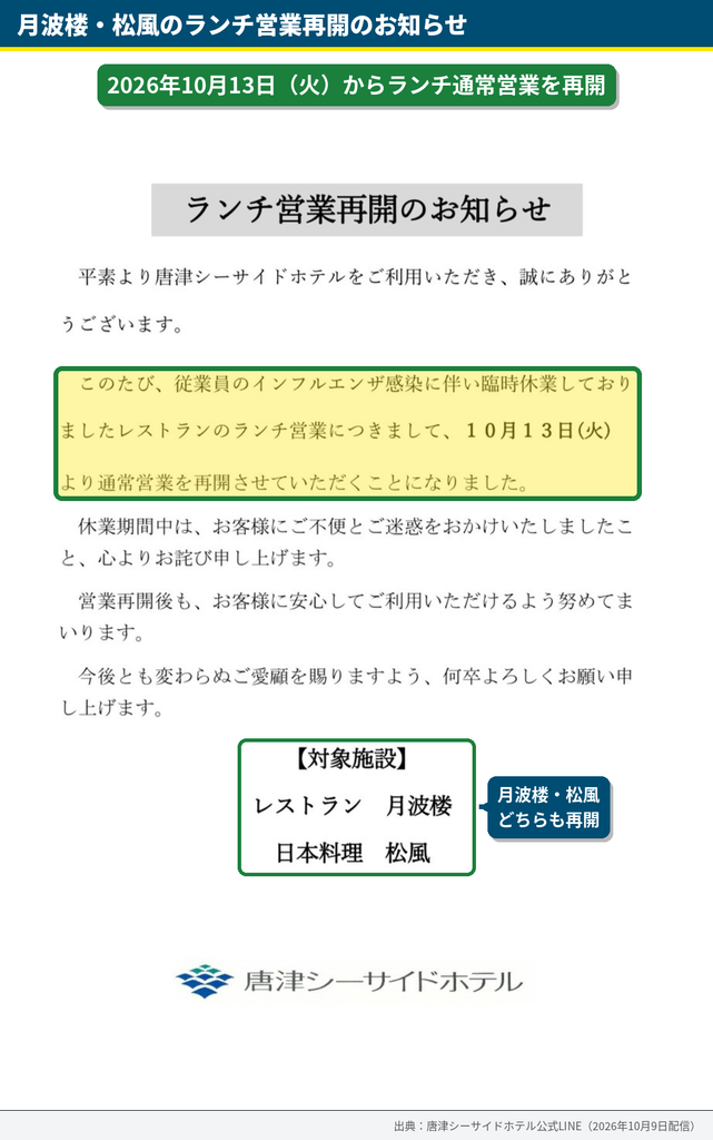 唐津シーサイドホテルのランチ営業再開のお知らせ。2026年10月13日(火)からレストラン月波楼と日本料理松風のランチが通常営業を再開