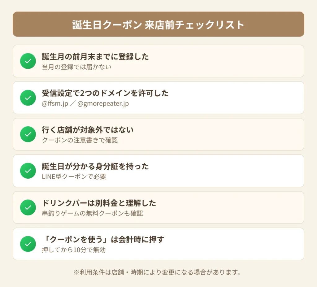 串家物語の誕生日クーポンを使う前のチェックリスト。登録期限、受信設定、対象外店舗、身分証、ドリンクバー料金、クーポンを使うボタンのタイミングの6項目