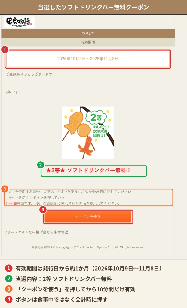 串家物語の串釣りゲームで当たった2等ソフトドリンクバー無料クーポン。有効期間は約1か月で、会計時に「クーポンを使う」を押すと10分間有効になる