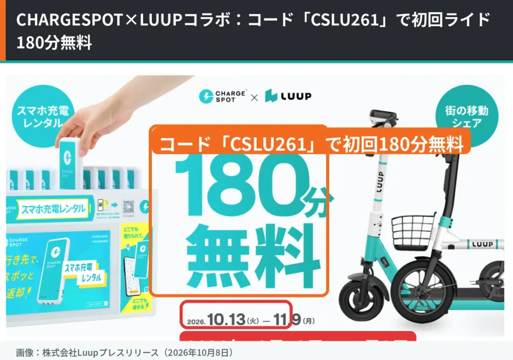CHARGESPOTとLUUPのコラボキャンペーン告知画像。2026年10月13日から11月9日まで、クーポンコードCSLU261で初回ライドが180分無料になることを示している