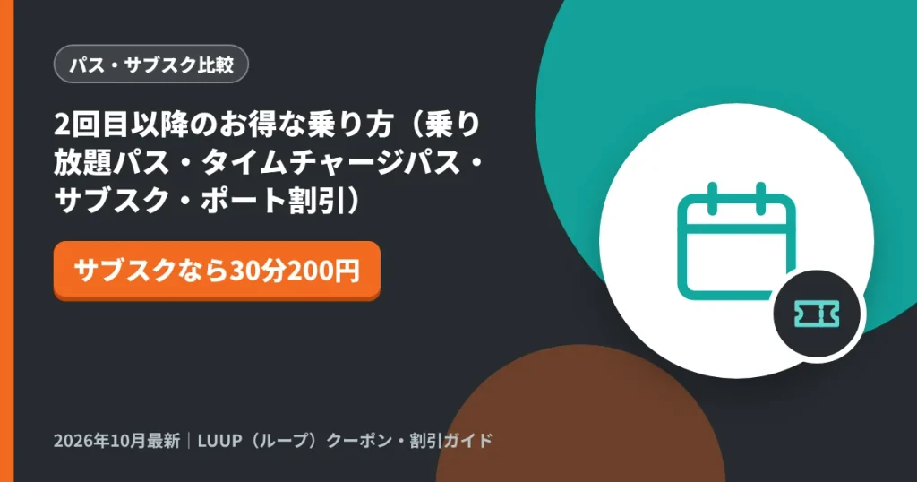 2回目以降のお得な乗り方（乗り放題パス・タイムチャージパス・サブスク・ポート割引）｜LUUP（ループ）クーポン解説のアイキャッチ画像（サブスクなら30分200円）