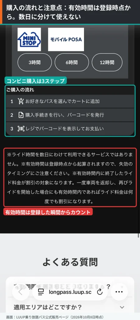 LUUP乗り放題パスのコンビニ購入3ステップと、有効時間は登録時点から起算され数日に分けて使えないという注意点を囲んだ画面