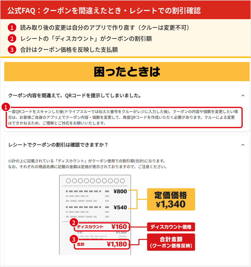 マクドナルド公式FAQ。クーポンを間違えて提示した場合は自分のアプリでQRコードを作り直し、レシートの小計の上にあるディスカウント欄で割引額を確認できる