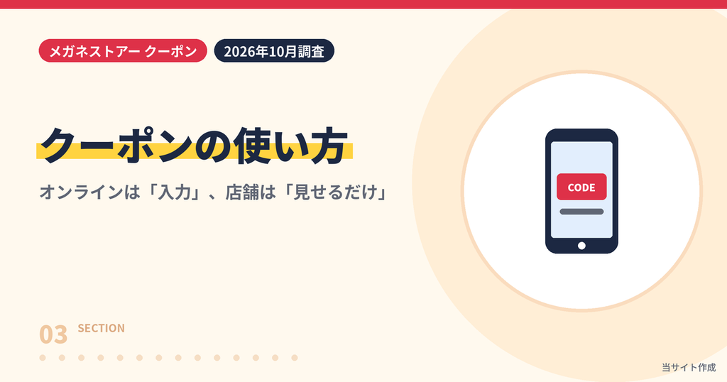 メガネストアーのクーポンの使い方(オンラインはコード入力・店舗は画面提示)を解説する見出し画像