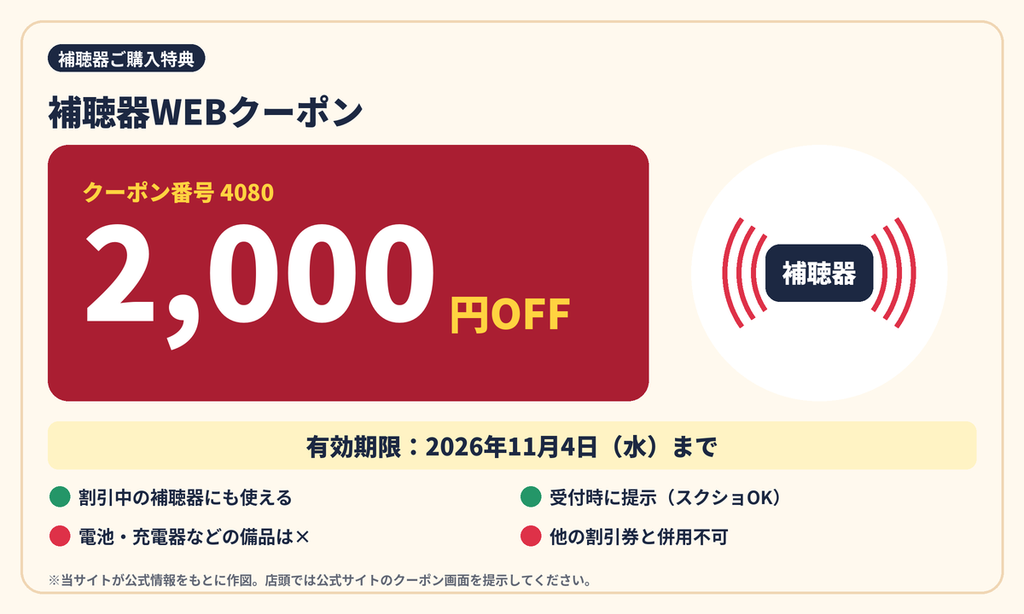 メガネストアー補聴器WEBクーポン4080の内容(2,000円OFF・割引商品にも適用可・2026年11月4日まで)