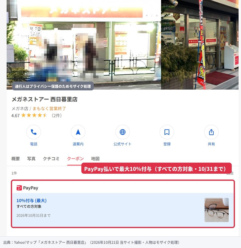 Yahoo!マップに表示されたメガネストアー西日暮里店のPayPayクーポン(最大10%付与・2026年10月31日まで・通行人はモザイク処理)