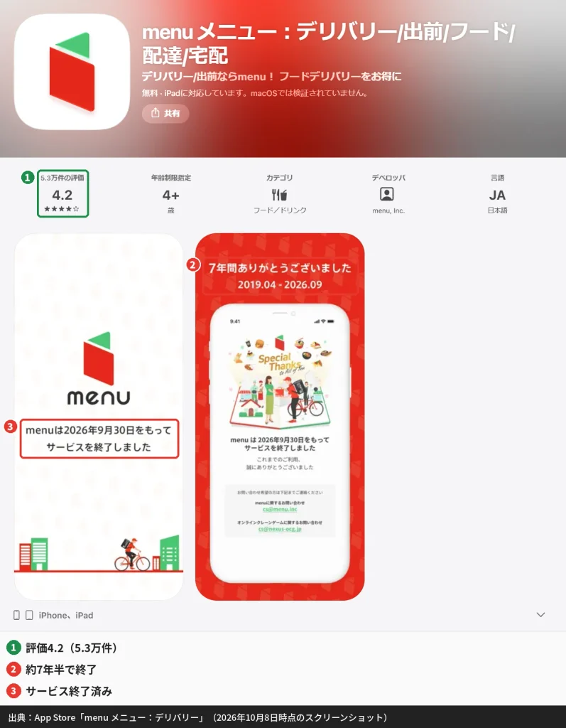 App Storeのmenuアプリページ（2026年9月30日でサービス終了の表示）