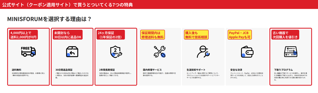 Minisforum公式ストアの特典。送料無料・30日間返品保証・24ヶ月保証・下取りプログラム