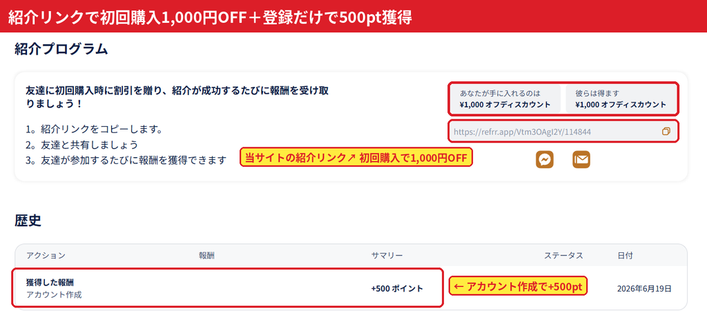 Minisforum紹介プログラム画面。紹介リンク経由の初回購入で紹介者・友達ともに1,000円OFF