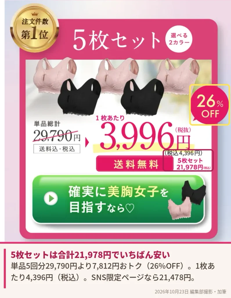モモフル色っぽナイトブラ5枚セット26%OFF・1枚あたり4,396円(税込)で最安