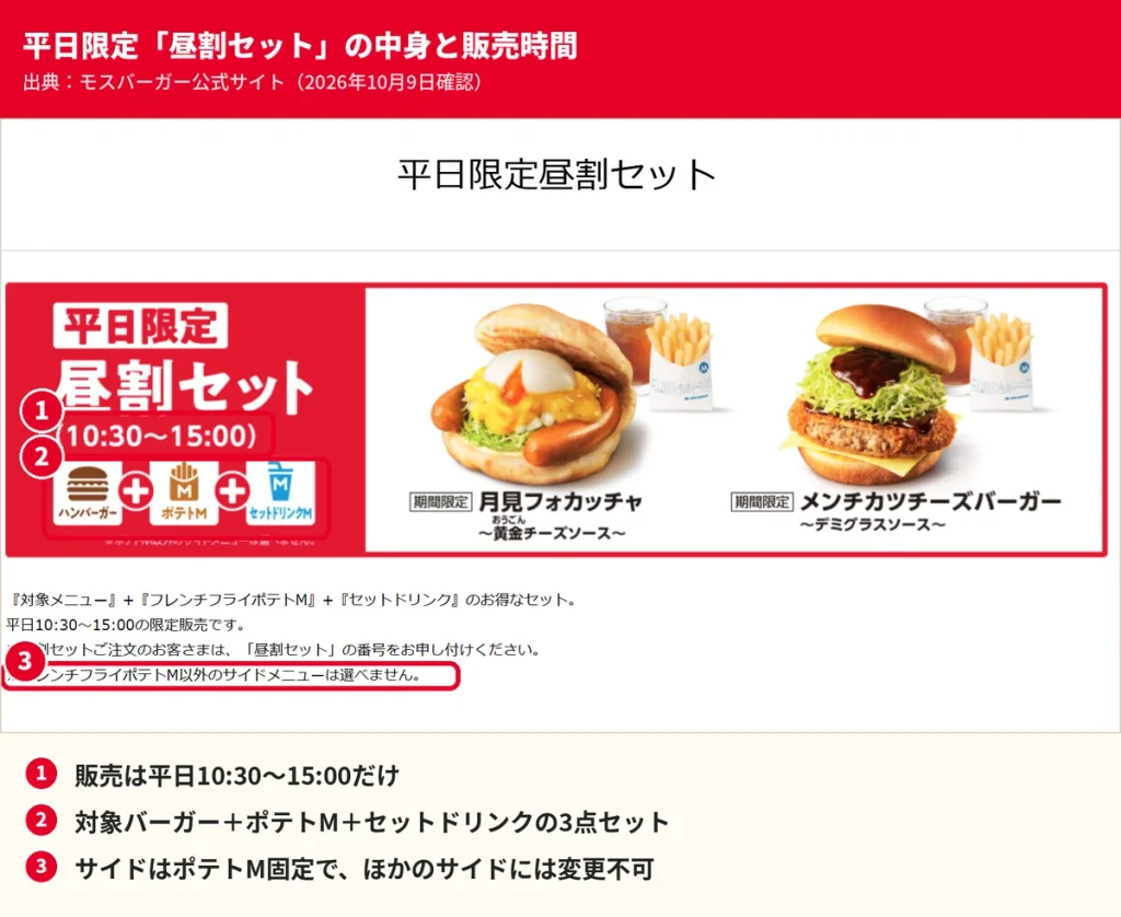 モスバーガー平日限定昼割セットの公式バナー。販売時間10時30分から15時とバーガー・ポテトM・ドリンクの組み合わせ
