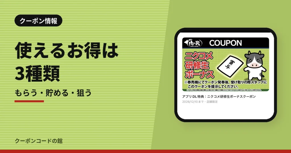 感動の肉と米で使えるクーポン情報の見出し画像。初回クーポンが表示されたアプリ画面と「もらう・貯める・狙う」の3種類